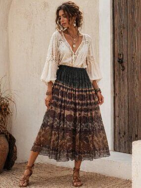 Vintage Y2K 90s Bohemian Floral Print Boho Mesh Maxi Skirt